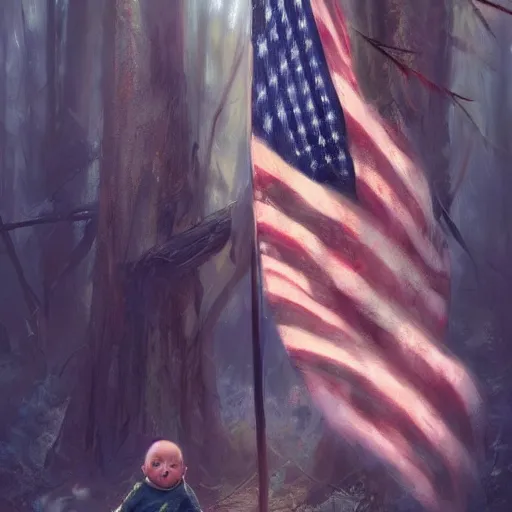 Image similar to child's hand holding a very tiny american flag in the forest, digital art by ruan jia and mandy jurgens and artgerm, highly detailed, trending on artstation, award winning