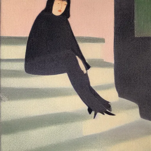 Image similar to an asian woman sitting on stairs, dark background, oil painting in style of Jean Metzinger