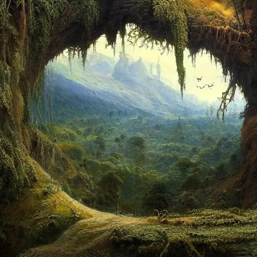 Image similar to a beautiful and highly detailed matte painting of a dreamy valley deep in the foresty mountains, intricate details, epic scale, insanely complex, 8 k, sharp focus, hyperrealism, very realistic, by caspar friedrich, james gurney, brian froud,