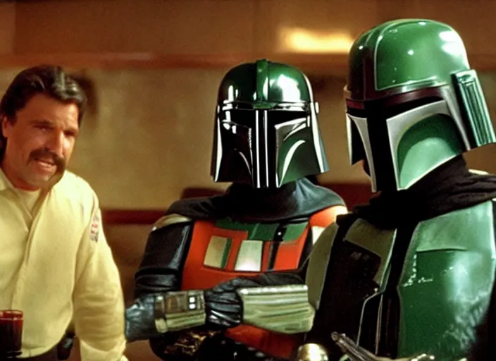 Prompt: boba fett and darth vader drinking at a bowling alley bar in the movie the big lebowski, hd