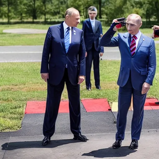 Prompt: photo of putin, trump and biden firing water guns at each other faces