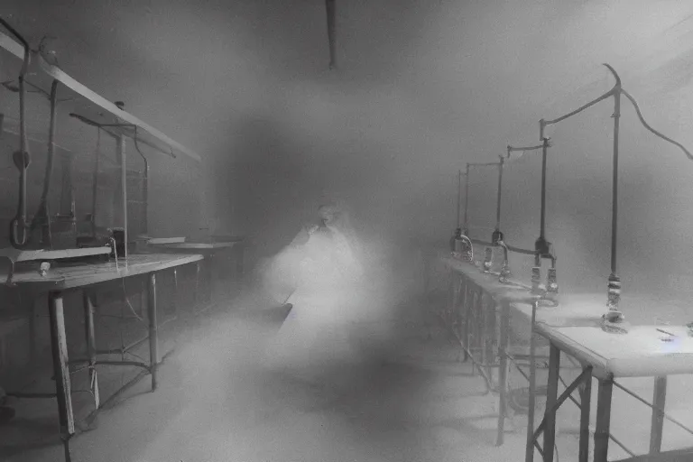 Prompt: experiment, laboratory, 1985, creepy, haunted, fog, atmospheric