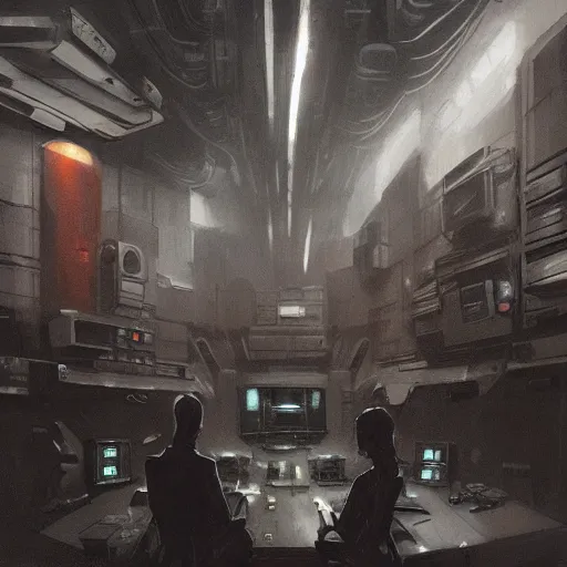 Image similar to concept art by greg rutkowski, a very tall, and slender man with short black hair, sitting with the crew in the ship's control room, brutalist futuristic interior, dark lighting atmosphere, detailed portraits, nostalgic atmosphere, scifi, digital painting, artstation, concept art, smooth, sharp foccus ilustration, artstation hq