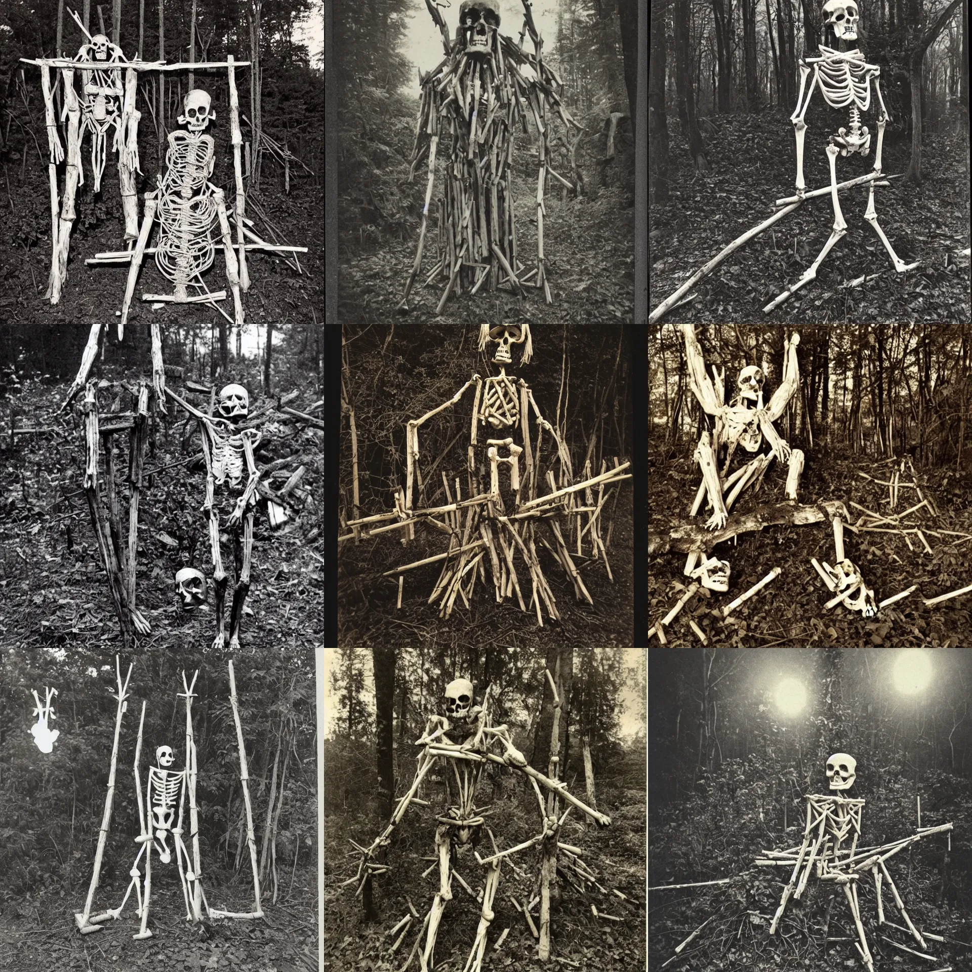 Prompt: a vintage photograph of a crude squat idol of a strange god made from sticks, bones, twine and a skull in a forest at night, illuminated by a flashlight beam