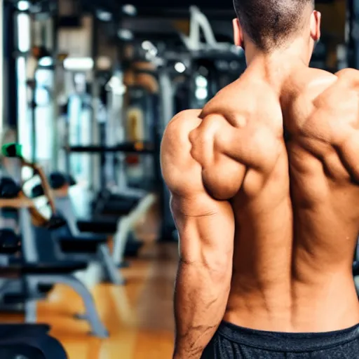 Prompt: back view of a muscular person working out at the gym
