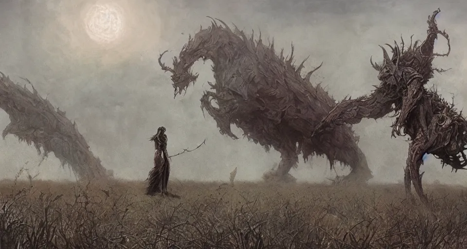 Prompt: lamasu prowling on the abandoned wasteland, wide shot, epic, dark fantasy, beksinski, wayne barlowe, warhammer fantasy art, lord of the ring art, dark soul concept art