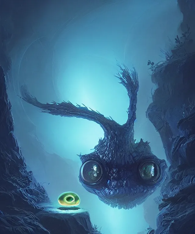 Prompt: a tiny critter with enormous eyes made of bioluminescence, fantasy, elegant, crisp 8 k line work, emissive lighting, digital painting, artstation, unreal engine, octane render, concept art, matte, sharp focus, illustration, art by bob eggleton