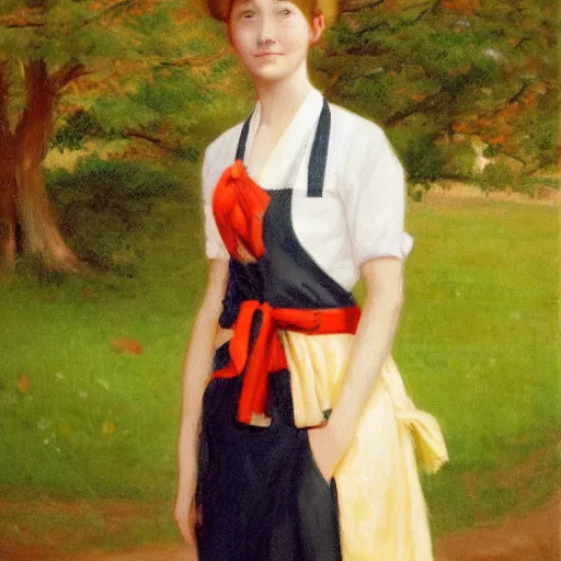 Image similar to a beautiful full body portrait of a young woman wearing an apron standing in a park, kantoku, james gilleard, very detailed, matte, gaussian blur, tone mapped William-Adolphe