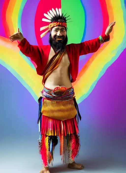 Image similar to japanese man with short hair and a beard wearing a native indian outfit, dancing next to a rainbow, full body portrait, dynamic lighting