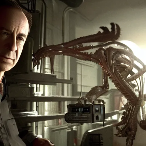 Image similar to film still of saul goodman in aliens, unreal engine, uhd, by hr giger