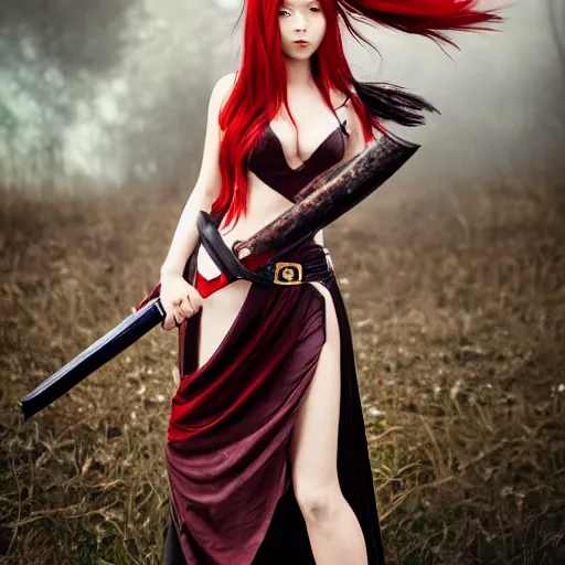 Prompt: dslr photo of beautiful erza scarlet wearing a elegant dress, standing holding a katana that is very detailed, portrait photo, real photo, real camera, extreme detailed face and body, high quality, moody lighting, fast paced lines, sharp quality, enchanting lighting, 8 k