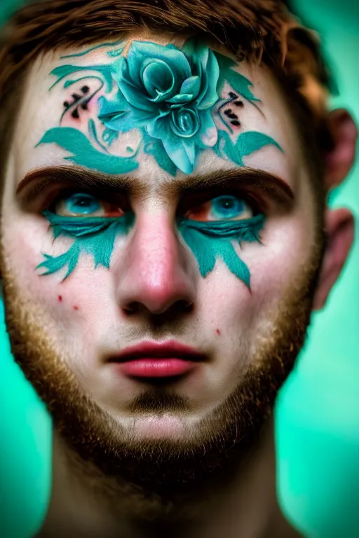 Prompt: neo-surrealist hyper detailed close-up portrait of young beardless man covered in rococo flower tattoos matte painting concept art key sage very dramatic dark teal lighting low angle hd 35mm shallow depth of field 8k