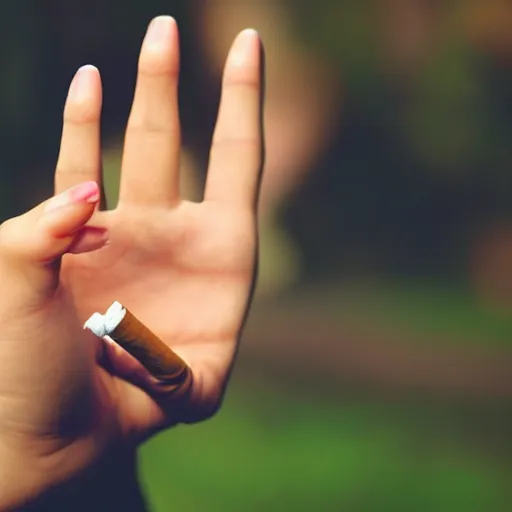 Prompt: very accurate photo, very coherent image, hyper realistic photo of a female hand, open palm, holding an cigarette between index and middle finger