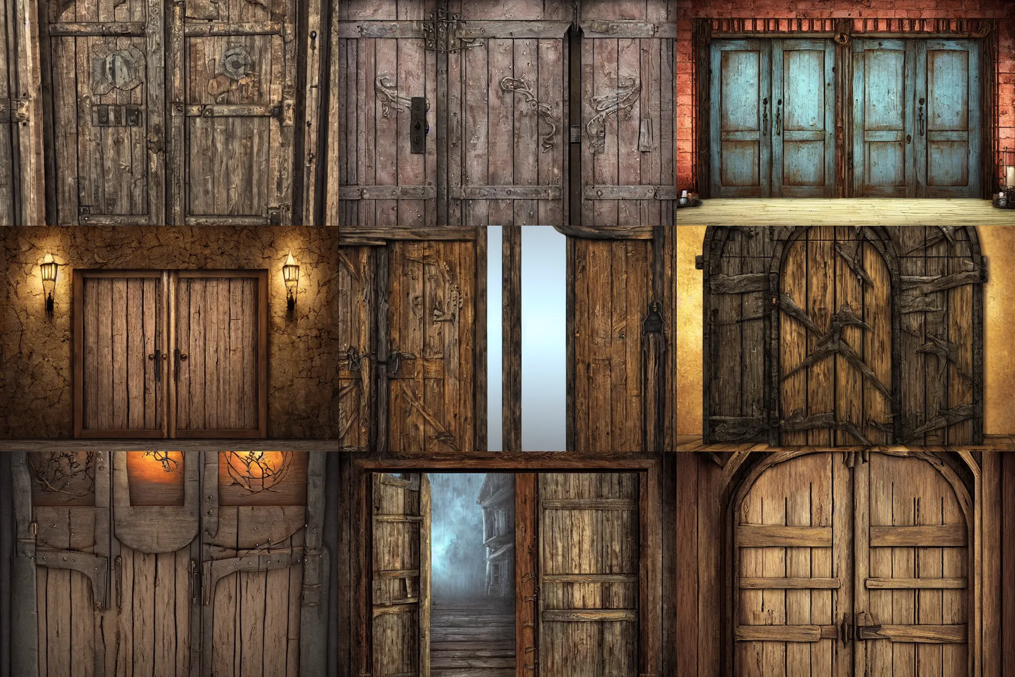 Prompt: large rustic decorated wooden double door with metal handles opening to a fantasy world, strong eerie back light, mist, detailed photo - realistic painting