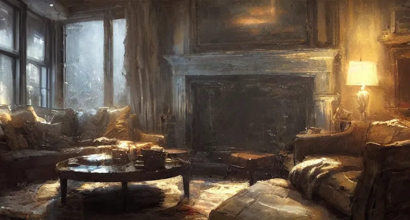 Prompt: cozy room, fireplace, light shining from outside, dramatic lighting, jeremy mann, wadim kashin