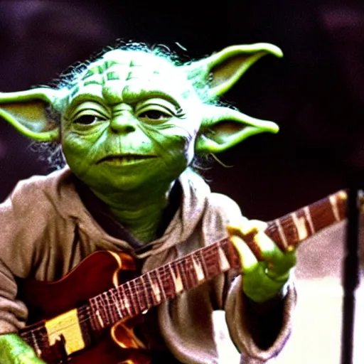 Image similar to yoda performing at woodstock in the year 1969 with a flaming guitar on stage, hyper realistic, 8k, real, photo