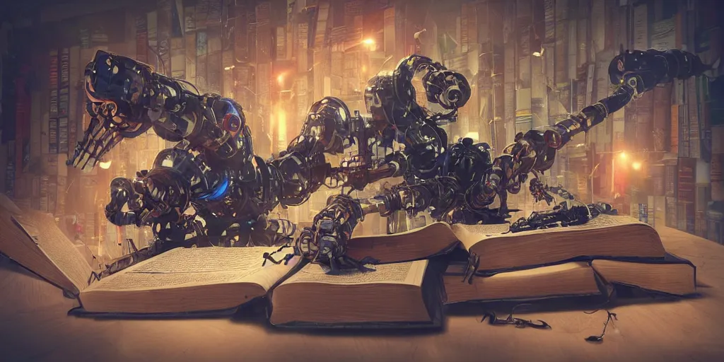 Image similar to A frightening multi armed evil robot devouring books with pipes and tubes and pages floating down, hyperealistic very colourful hdr cinematic lighting cgi render photorealistic cinematic octane render  -H 768
