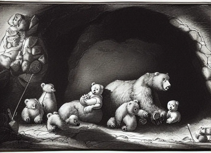 Prompt: Pieter Claesz's 'a bear and her cubs sleeping in a dark cave, lit by campfire', night time, cross hatching, framed, monochrome