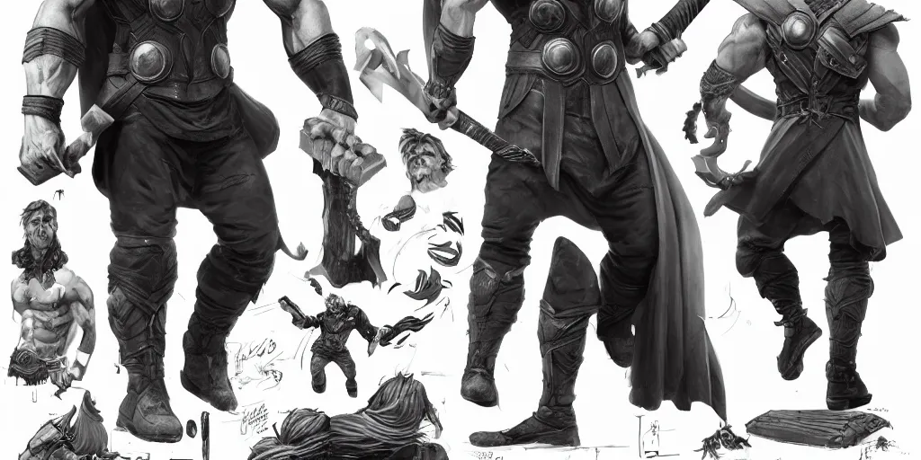 Prompt: cartoonish chris hemsworth as thor kissing his hammer and dancing, character sheet, fine details, concept design, contrast, kim jung gi, greg rutkowski, trending on artstation, 8 k, full body, turnaround, front view, back view, ultra wide angle