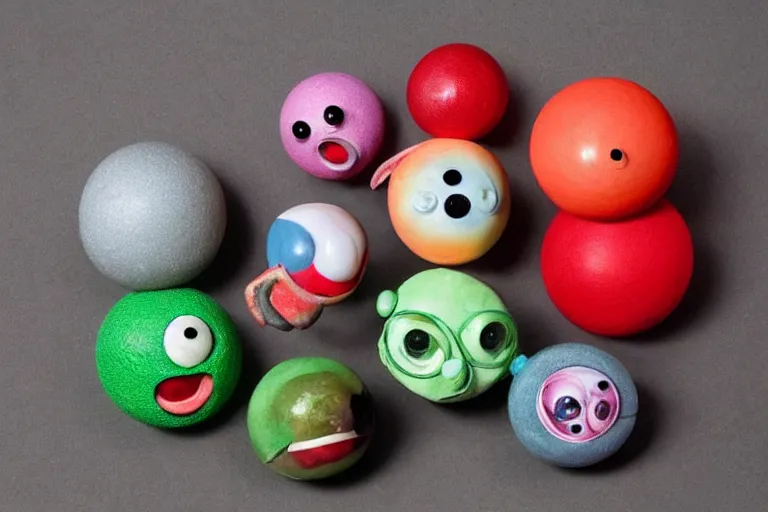 Image similar to cute spherical monsters representing fundamental particles, made of FIMO, by John Chamberlain