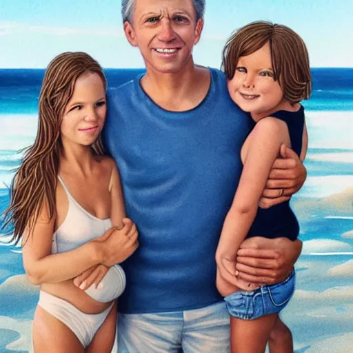 Prompt: portrait of a happy family at the beach, photo by annie leibovitz, realistic, smooth face, perfect eyes, wide angle, sharp focus, 8 k high definition, insanely detailed, intricate, elegant, art by artgerm
