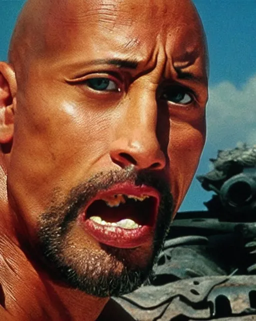 Image similar to film still close up shot of dwayne johnson in the movie mad max 2 the road warrior. photographic, photography