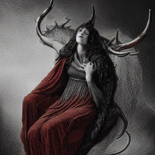 Image similar to a masterpiece! photographic portrait of a scarlet - colored beast with seven ( 7 ) heads and ten ( 1 0 ) horns by gustave dore and sam spratt and allen williams, trending on artstation, cgsociety, 8 k hd, earthtone colors, a cloaked woman riding the back of the beast