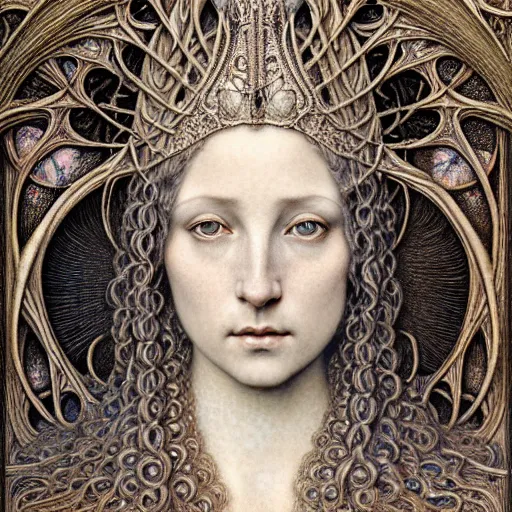 Prompt: detailed realistic beautiful young medieval queen face portrait by jean delville, gustave dore, iris van herpen and marco mazzoni, art forms of nature by ernst haeckel, art nouveau, symbolist, visionary, gothic, neo - gothic, pre - raphaelite, fractal lace, intricate alien botanicals, ai biodiversity, surreality, hyperdetailed ultrasharp octane render