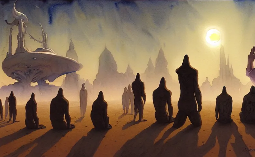 Image similar to a hyperrealist watercolour character concept art portrait of a group of middle eastern men kneeling down in prayer to a tall elegant lovecraftian alien on a misty night in the desert.. a battlecruiser starship is in the background. by rebecca guay, michael kaluta, charles vess and jean moebius giraud