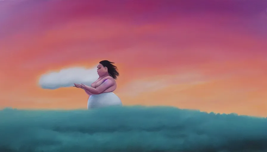 Image similar to painting of a beautiful curvy woman who looks like a cloud, realistic, detailed, orange / pink sky, dreamy