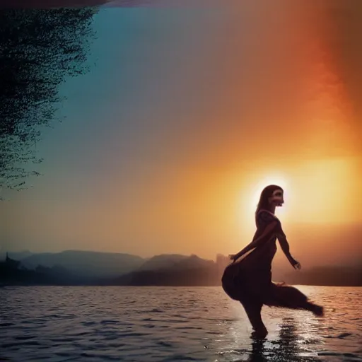 Prompt: Photo of the most beautiful woman, she is posing, she is walking on a river, she is getting ulluminated by the rays of the sunset, the photo was taking by Steve McCurry, matte painting, oil painting, naturalism, 4k, 8k