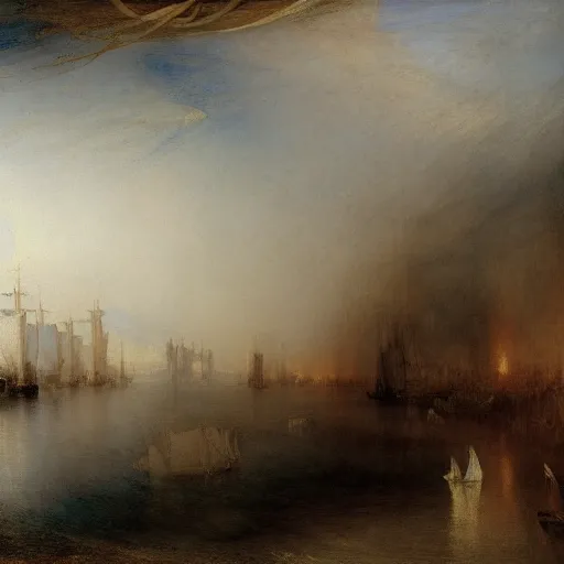 Prompt: a scenic view of river and ships by jmw turner