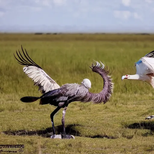 Image similar to secretary bird and an ostrich, fighting each other, in a fantasy field made of cotton candy