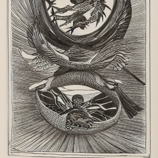 Image similar to an opened spiral with three flying birds, representing liberty, ink, black watercolour