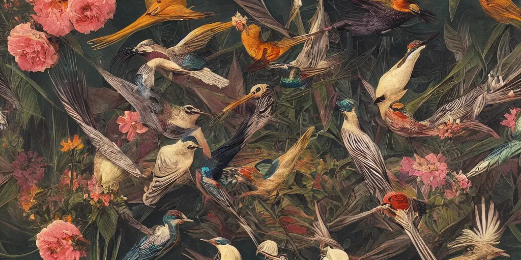 Image similar to breathtaking detailed concept art painting art deco pattern of birds amalmation blend of flowers and birds, by john james audubon, bizarre compositions, exquisite detail, extremely moody lighting, 8 k