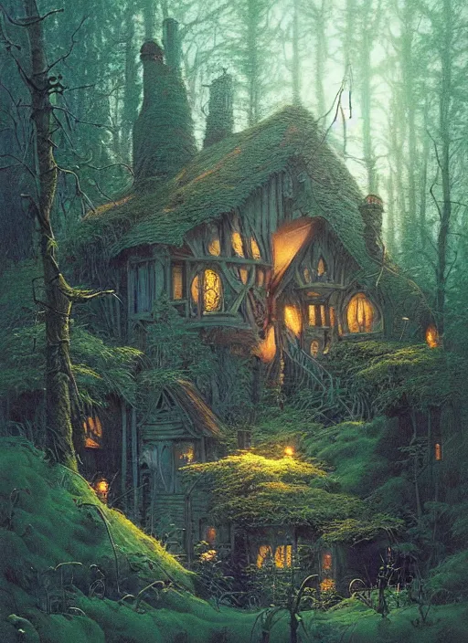 Image similar to hyper realistic witch cottage with mood lighting and technology in the woods gorgeous lighting, sunbeams blue sky, highly detailed, lush forest foliage painting by zdzisław beksinski and norman rockwell and greg rutkowski weta studio, and lucasfilm