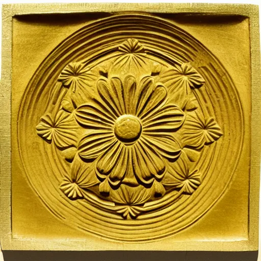 Prompt: ornate engraved carving of a daisy in a flat circular inset on a square gold panel