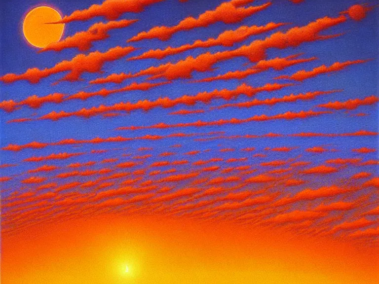 Image similar to A view of the sky from the ground. The sky shows many suns in eclipse, lined up to the horizon. Extremely high details, realistic, fantasy art, solo, masterpiece, saturated colors, colorful, art by Zdzisław Beksiński, Dariusz Zawadzki