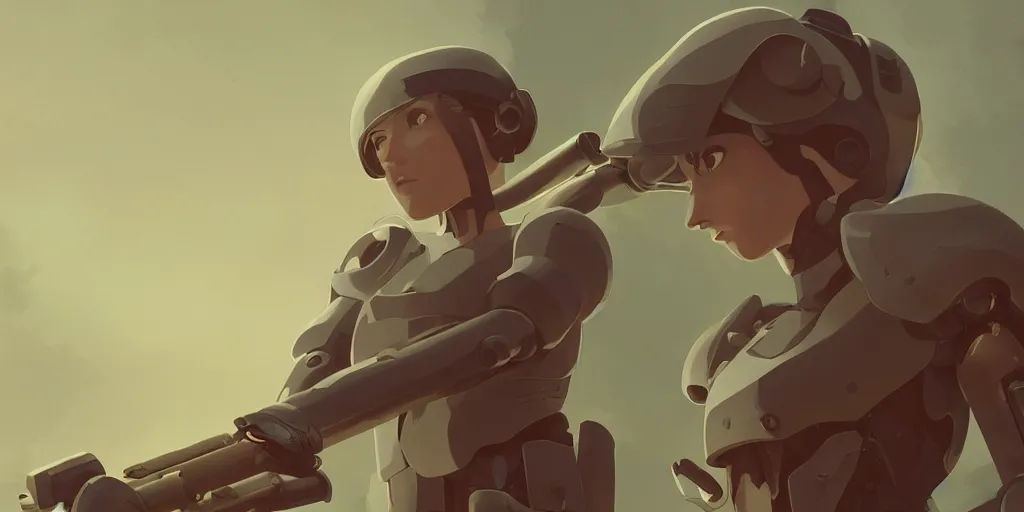Prompt: a stylized 2 d cinematic keyframe of a female cyborg soldier, joy gaze, cel - shaded, classical animation, edge - to - edge print, rendered by studio ghibli, artgerm, alyssa monks, andreas rocha, david kassan, neil blevins, rule of thirds, golden ratio, ambient lighting