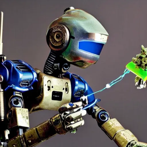 Image similar to chappie the robot, smoking a marijuana - blunt - joint, tons of smoke, coughing