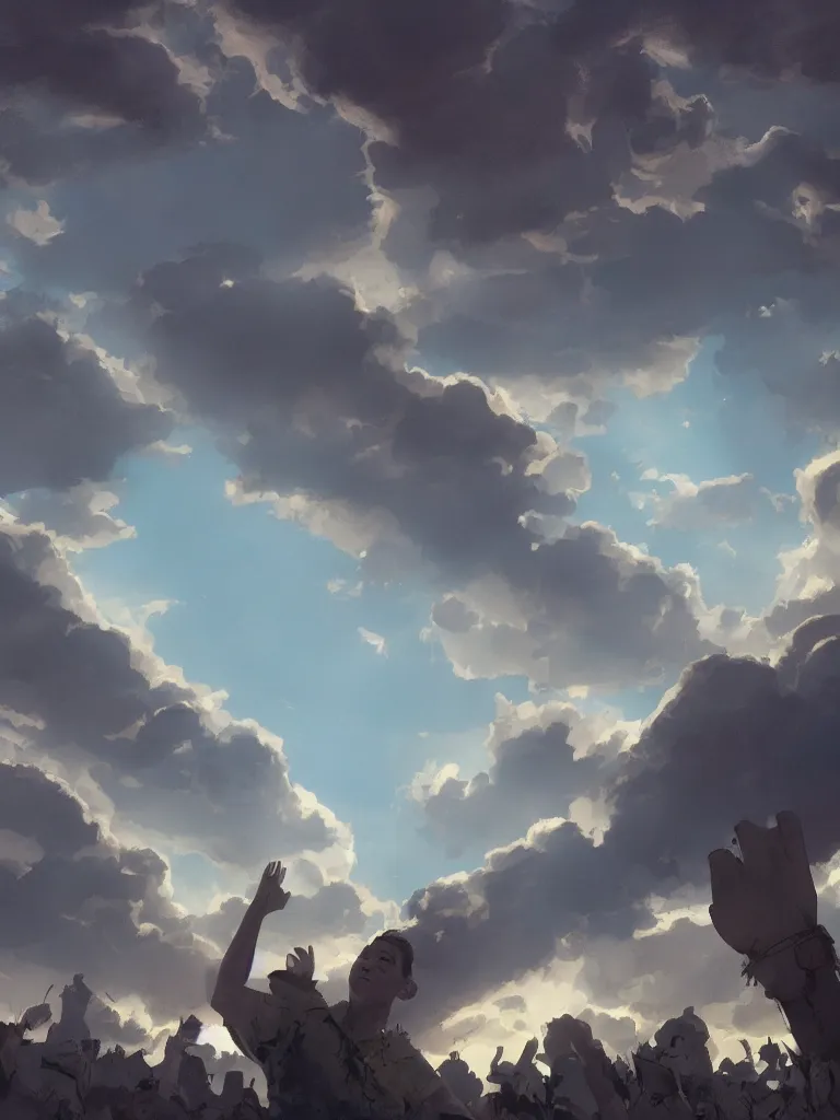 Image similar to raising hands to the sky, by disney concept artists, blunt borders, rule of thirds, beautiful light