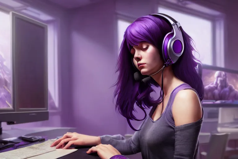 Image similar to wide - shot of stunningly beautiful purple haired female with headphones at home studio streaming computer games late at night, very detailed, 4 k, concept art like ernest khalimov, intricate details, highly detailed by greg rutkowski, ilya kuvshinov, gaston bussiere, craig mullins, simon bisley, backlit