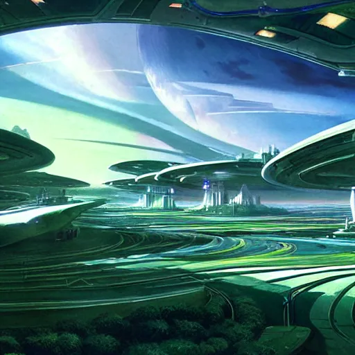 Image similar to beautiful matte painting of green gardens with roads on a futuristic sci-fi space station, cinematic angle, cinematic lighting, blue sky, by Syd Mead, John Harris, Federico Pelat