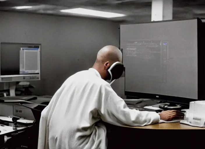 Image similar to over the shoulder shot of a robed illuminati cultist using a computer in a dark laboratory