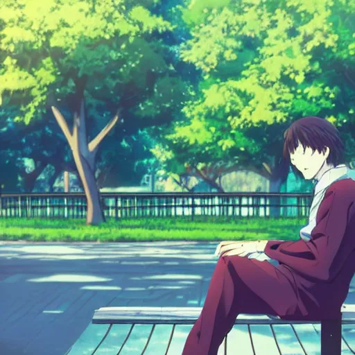 Image similar to a man sitting on a bench, anime key visual, stunning angle