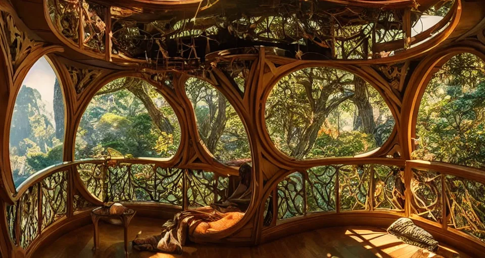 Prompt: An incredibly beautiful scene from a 2022 Marvel film featuring a cozy art nouveau reading nook balcony in a fantasy treehouse interior. 8K UHD.