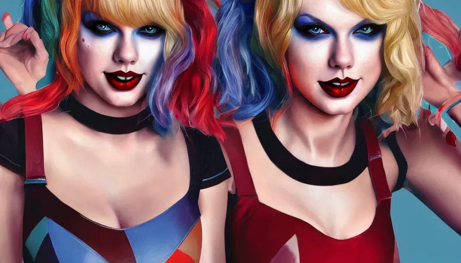 Prompt: Taylor Swift as Harley Quinn, hyperdetailed, artstation, cgsociety, 8k