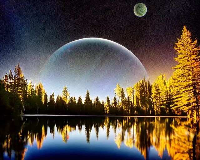 Image similar to canon, 300mm, bokeh, 16k serene beautiful landscape photography of a hypereal spaceship flying at incredible momentum through the sky at night. lake reflections in the foreground. sun rays shining through the trees. lens flare. moonlit, dramatic lighting by Marc Adamus on mushrooms.