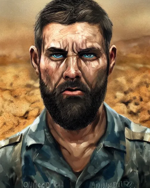 Image similar to portrait of muscular, tired and alcoholic 3 0 - year - old grieving man with short darkblonde hair, serious sad look in his eyes, looking down, dirty beard, blue eyes, crying tears, wearing dirty soldier uniform, on the desert, sad atmosphere, hyper realistic face, character art, art by artgerm, cryengine, trending on artstation, digital art