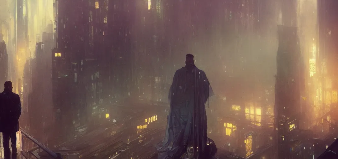 Prompt: 2 0 1 8 blade runner movie still man look at the cityscape from roof perfect face fine realistic face pretty face neon puffy jacket blue futuristic sci - fi elegant by dennis villeneuve tom anders zorn hans dragan bibin thoma greg rutkowski ismail inceoglu illustrated sand storm alphonse mucha